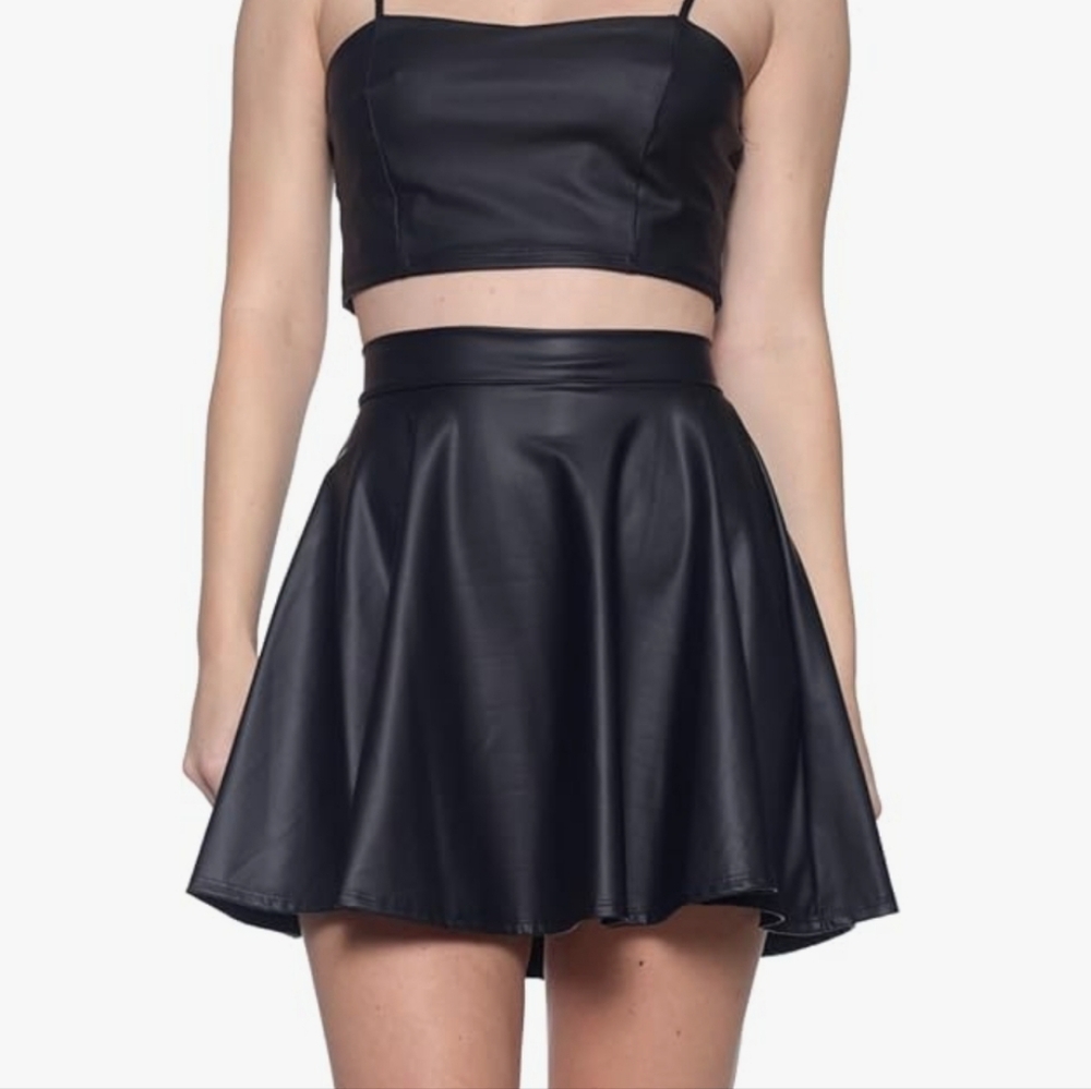 Cemi Ceri Skirt Faux Black Leather Back Gold Zip Mini Skater Skirt